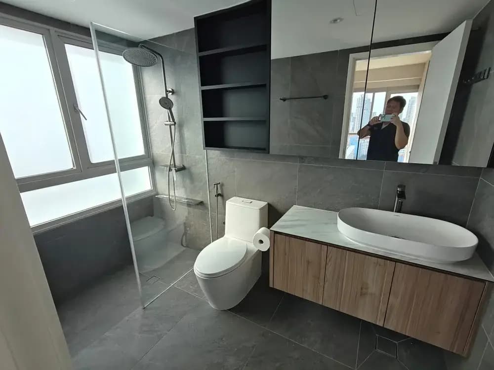 Modern grey bathroom with fittings in place