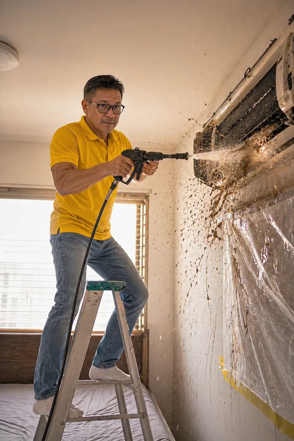Yellow technician on a ladder servicing a wall-mounted aircon