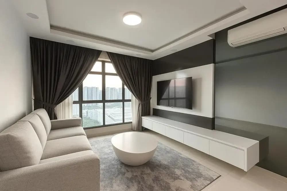 HDB living room with full-length curtains